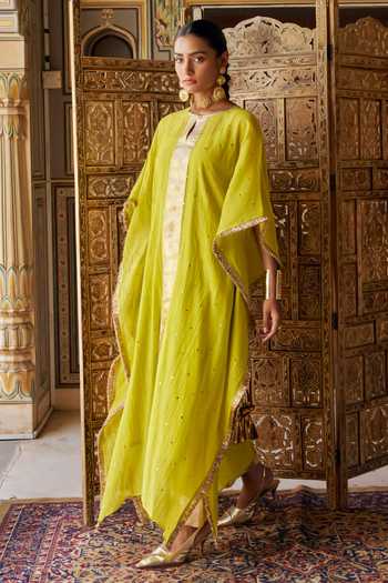 Shop Preevin Green Organza, Chanderi Silk Round Neck Embroidered Kaftan And Pant Set Online at Aza Fashions Shop_Preevin_Green Organza, Chanderi Silk Round Neck Embroidered Kaftan And Pant Set _Online_at_Aza_Fashions