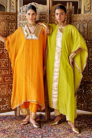 Preevin Green Organza, Chanderi Silk Round Neck Embroidered Kaftan And Pant Set at Aza Fashions Preevin_Green Organza, Chanderi Silk Round Neck Embroidered Kaftan And Pant Set _at_Aza_Fashions