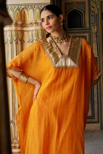 Preevin Orange Organza, Chanderi Silk V-neck Mukaish Work Kaftan And Pant Set Online at Aza Fashions Preevin_Orange Organza, Chanderi Silk V-neck Mukaish Work Kaftan And Pant Set _Online_at_Aza_Fashions
