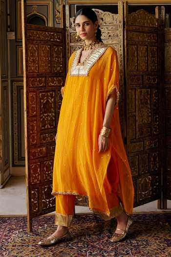 Buy Preevin Orange Organza, Chanderi Silk V-neck Mukaish Work Kaftan And Pant Set Online at Aza Fashions Buy_Preevin_Orange Organza, Chanderi Silk V-neck Mukaish Work Kaftan And Pant Set _Online_at_Aza_Fashions