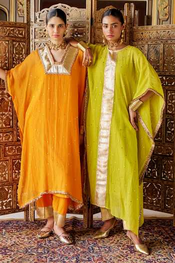 Shop Preevin Orange Organza, Chanderi Silk V-neck Mukaish Work Kaftan And Pant Set Online at Aza Fashions Shop_Preevin_Orange Organza, Chanderi Silk V-neck Mukaish Work Kaftan And Pant Set _Online_at_Aza_Fashions