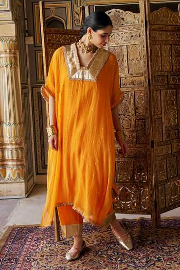 Preevin Orange Organza, Chanderi Silk V-neck Mukaish Work Kaftan And Pant Set at Aza Fashions Preevin_Orange Organza, Chanderi Silk V-neck Mukaish Work Kaftan And Pant Set _at_Aza_Fashions