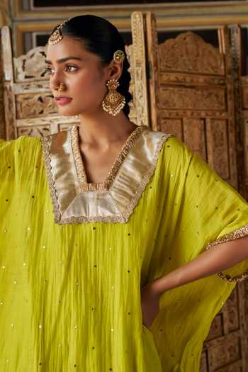 Preevin Green Organza, Chanderi Silk V-neck Mukaish Work Kaftan And Pant Set Online at Aza Fashions Preevin_Green Organza, Chanderi Silk V-neck Mukaish Work Kaftan And Pant Set _Online_at_Aza_Fashions