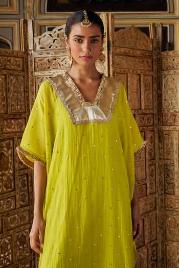 Buy Preevin Green Organza, Chanderi Silk V-neck Mukaish Work Kaftan And Pant Set Online at Aza Fashions Buy_Preevin_Green Organza, Chanderi Silk V-neck Mukaish Work Kaftan And Pant Set _Online_at_Aza_Fashions