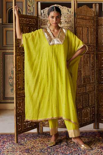 Shop Preevin Green Organza, Chanderi Silk V-neck Mukaish Work Kaftan And Pant Set Online at Aza Fashions Shop_Preevin_Green Organza, Chanderi Silk V-neck Mukaish Work Kaftan And Pant Set _Online_at_Aza_Fashions