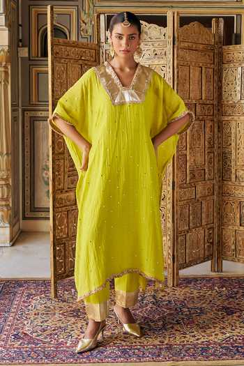 Preevin Green Organza, Chanderi Silk V-neck Mukaish Work Kaftan And Pant Set at Aza Fashions Preevin_Green Organza, Chanderi Silk V-neck Mukaish Work Kaftan And Pant Set _at_Aza_Fashions