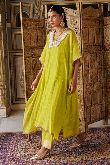 Buy Preevin Green Organza, Chanderi Silk V-neck Mukaish Work Kaftan And Pant Set Buy_Preevin_Green Organza, Chanderi Silk V-neck Mukaish Work Kaftan And Pant Set
