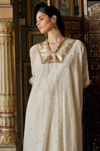 Preevin Ivory Organza, Chanderi Silk V-neck Mukaish Work Kaftan And Pant Set Online at Aza Fashions Preevin_Ivory Organza, Chanderi Silk V-neck Mukaish Work Kaftan And Pant Set _Online_at_Aza_Fashions