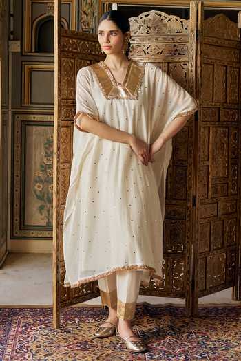 Preevin Ivory Organza, Chanderi Silk V-neck Mukaish Work Kaftan And Pant Set at Aza Fashions Preevin_Ivory Organza, Chanderi Silk V-neck Mukaish Work Kaftan And Pant Set _at_Aza_Fashions