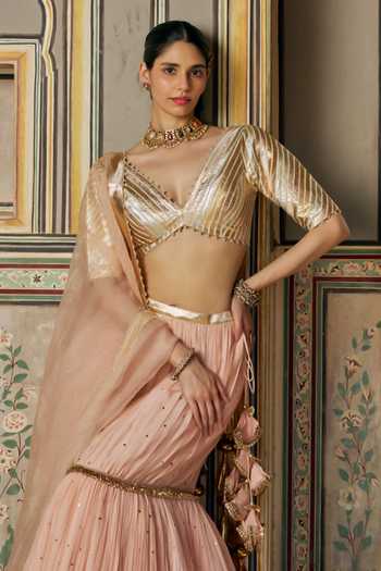 Preevin_Pink Organza, Chanderi Silk V-neck Vintage Blush Fish Cut Lehenga Set _Online_at_Aza_Fashions