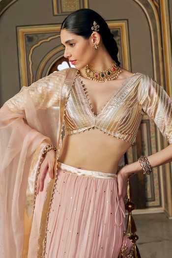 Buy_Preevin_Pink Organza, Chanderi Silk V-neck Vintage Blush Fish Cut Lehenga Set _Online_at_Aza_Fashions