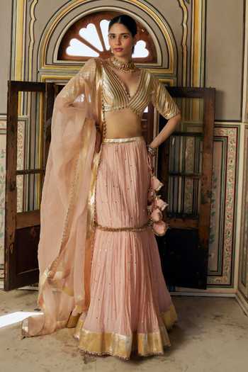 Shop_Preevin_Pink Organza, Chanderi Silk V-neck Vintage Blush Fish Cut Lehenga Set _Online_at_Aza_Fashions