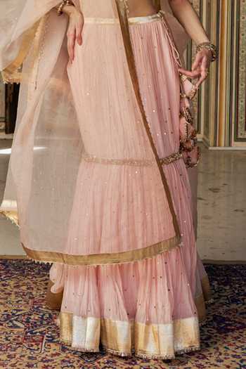 Preevin_Pink Organza, Chanderi Silk V-neck Vintage Blush Fish Cut Lehenga Set _at_Aza_Fashions