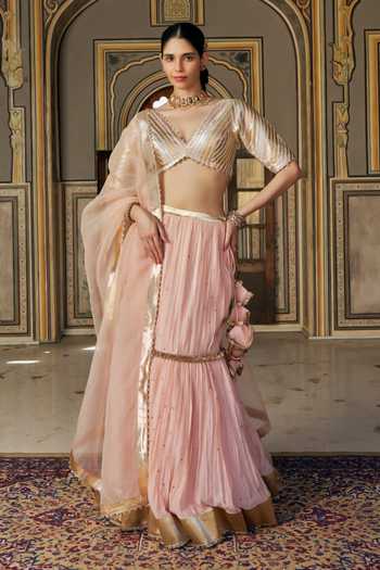 Buy_Preevin_Pink Organza, Chanderi Silk V-neck Vintage Blush Fish Cut Lehenga Set 