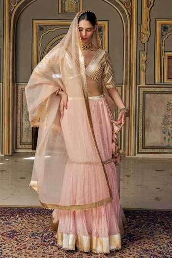 Shop_Preevin_Pink Organza, Chanderi Silk V-neck Vintage Blush Fish Cut Lehenga Set 