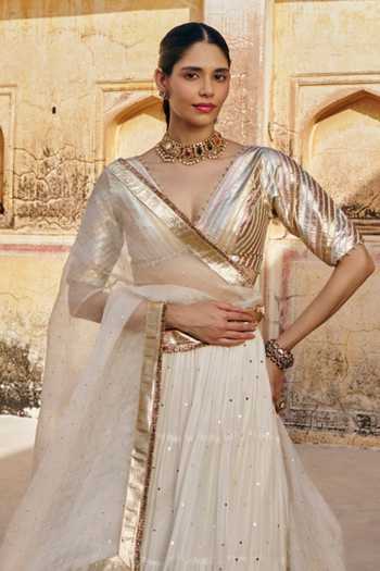Buy_Preevin_Gold Organza, Chanderi Silk V-neck Mukaish Work Lehenga Set _Online_at_Aza_Fashions