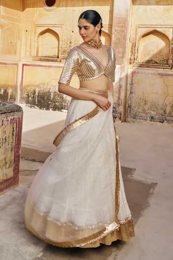 Shop_Preevin_Gold Organza, Chanderi Silk V-neck Mukaish Work Lehenga Set _Online_at_Aza_Fashions