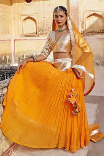 Preevin Gold Organza, Chanderi Silk V-neck Zari Mukaish Work Lehenga Set at Aza Fashions Preevin_Gold Organza, Chanderi Silk V-neck Zari Mukaish Work Lehenga Set _at_Aza_Fashions