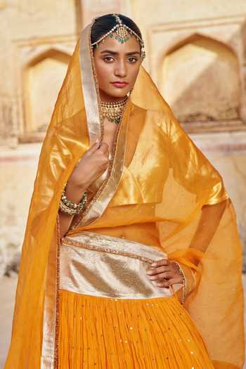 Buy Preevin Gold Organza, Chanderi Silk V-neck Zari Mukaish Work Lehenga Set Buy_Preevin_Gold Organza, Chanderi Silk V-neck Zari Mukaish Work Lehenga Set