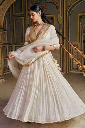 Buy_Preevin_Gold Organza, Chanderi Silk V-neck Mukaish Work Lehenga Set _Online_at_Aza_Fashions