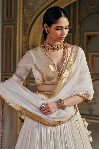 Shop_Preevin_Gold Organza, Chanderi Silk V-neck Mukaish Work Lehenga Set _Online_at_Aza_Fashions