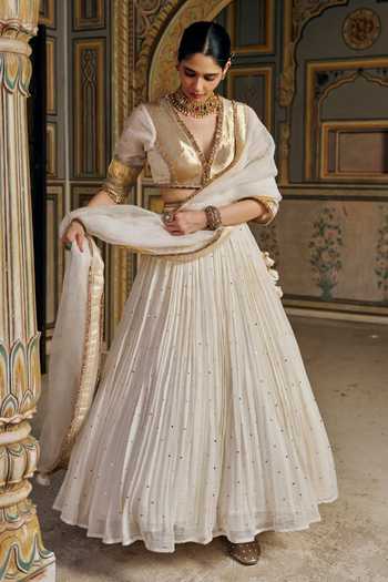 Buy_Preevin_Gold Organza, Chanderi Silk V-neck Mukaish Work Lehenga Set 