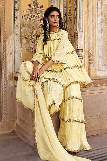 Preevin Yellow Organza, Chanderi Silk Tassels High Embroidered Peplum Kurta Sharara Set Online at Aza Fashions Preevin_Yellow Organza, Chanderi Silk Tassels High Embroidered Peplum Kurta Sharara Set _Online_at_Aza_Fashions