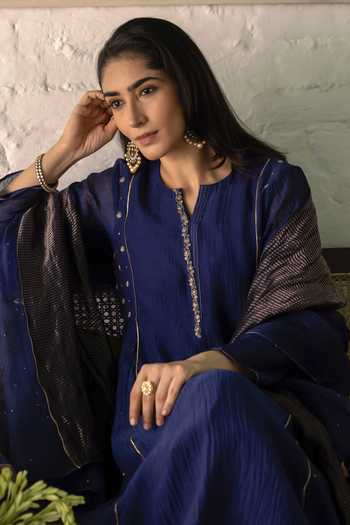Buy Trendy Tokari Blue Silk, Chanderi, Cotton, Organza Round Neck Placement Embroidered Kurta Set Online at Aza Fashions Buy_Trendy Tokari_Blue Silk, Chanderi, Cotton, Organza Round Neck Placement Embroidered Kurta Set _Online_at_Aza_Fashions