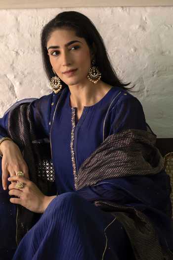 Trendy Tokari Blue Silk, Chanderi, Cotton, Organza Round Neck Placement Embroidered Kurta Set at Aza Fashions Trendy Tokari_Blue Silk, Chanderi, Cotton, Organza Round Neck Placement Embroidered Kurta Set _at_Aza_Fashions