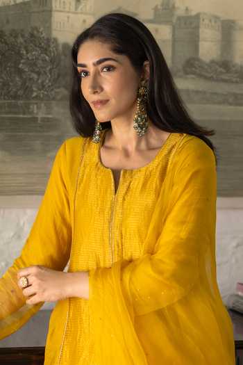 Trendy Tokari Yellow Silk, Chanderi, Cotton, Organza Round Neck Hand Embroidered Kurta Set Online at Aza Fashions Trendy Tokari_Yellow Silk, Chanderi, Cotton, Organza Round Neck Hand Embroidered Kurta Set _Online_at_Aza_Fashions