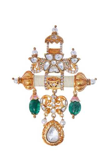 Shop Raabta By Rahul Gold Ibha Emerald Tube Brooch at Aza Fashions Shop_Raabta By Rahul_Gold Ibha Emerald Tube Brooch _at_Aza_Fashions