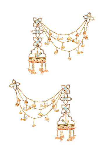 Raabta By Rahul Blue 3 Flower Earrings With Bird Ear Chains Online at Aza Fashions Raabta By Rahul_Blue 3 Flower Earrings With Bird Ear Chains _Online_at_Aza_Fashions