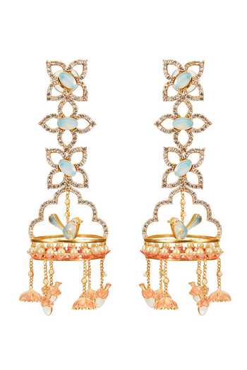 Raabta By Rahul 3 Flower Earrings With Bird Ear Chains 