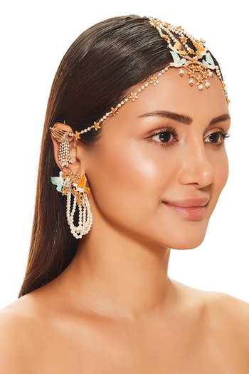 Raabta By Rahul Blue Beads, Pearls Averi Mathapatti And Earrings Set Online at Aza Fashions Raabta By Rahul_Blue Beads, Pearls Averi Mathapatti And Earrings Set _Online_at_Aza_Fashions