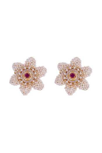 Raabta By Rahul White Maharani Rosette Studs With Ear Chains Online at Aza Fashions Raabta By Rahul_White Maharani Rosette Studs With Ear Chains _Online_at_Aza_Fashions