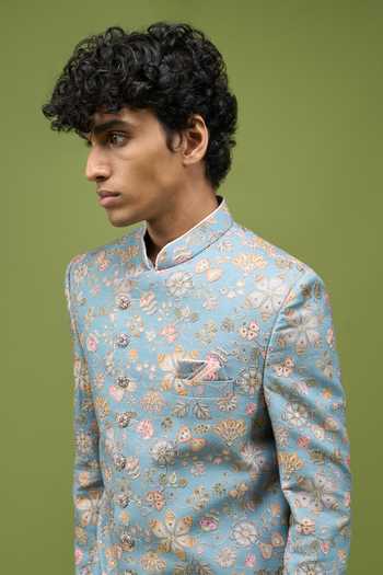 Shop_Arihant Rai Sinha_Blue Silk, Dupion Sherwani Jacket And Pant Set _Online_at_Aza_Fashions