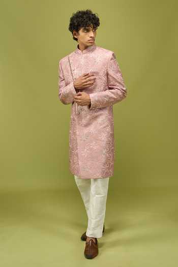 Shop Arihant Rai Sinha Pink Silk, Dupion Art Sherwani And Pant Set Online at Aza Fashions Shop_Arihant Rai Sinha_Pink Silk, Dupion Art Sherwani And Pant Set _Online_at_Aza_Fashions