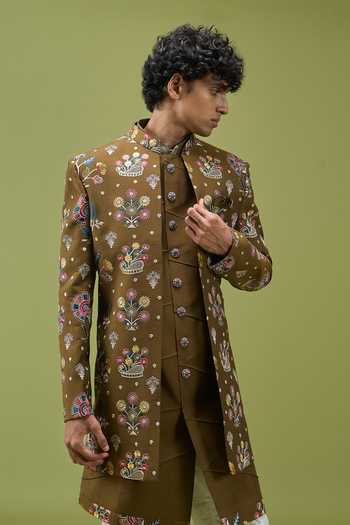 Buy Arihant Rai Sinha Green Silk, Dupion Pattern Pc Art Sherwani Set With Kurta And Pant Buy_Arihant Rai Sinha_Green Silk, Dupion Pattern Pc Art Sherwani Set With Kurta And Pant