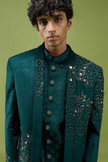 Shop Arihant Rai Sinha Green Velvet, Dupion Embroidered Sherwani Set Online at Aza Fashions Shop_Arihant Rai Sinha_Green Velvet, Dupion Embroidered Sherwani Set _Online_at_Aza_Fashions