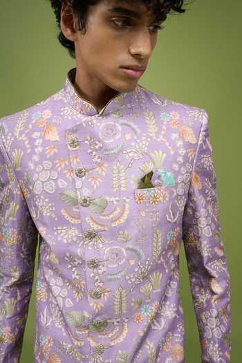 Arihant Rai Sinha Lilac Silk, Georgette, Dupion Mens Embroidered Floral Sherwani Jacket And Pant Set at Aza Fashions Arihant Rai Sinha_Lilac Silk, Georgette, Dupion Mens Embroidered Floral Sherwani Jacket And Pant Set _at_Aza_Fashions