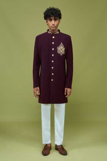 Buy Arihant Rai Sinha Wine Silk Embroidered Sherwani Jacket And Pant Set Online at Aza Fashions Buy_Arihant Rai Sinha_Wine Silk Embroidered Sherwani Jacket And Pant Set _Online_at_Aza_Fashions