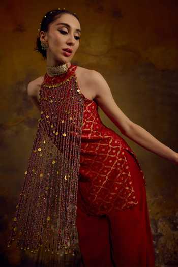 Muskann Kapadiaa_Red Halter Neck Jwala Tassel Embellished Top And Palazzo Set _Online_at_Aza_Fashions