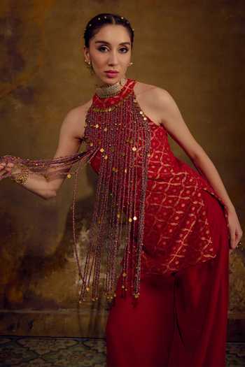 Shop_Muskann Kapadiaa_Red Halter Neck Jwala Tassel Embellished Top And Palazzo Set _Online_at_Aza_Fashions