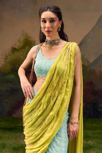 Buy Muskann Kapadiaa Blue Chiffon V-neck Tarang Woven Pre-draped Saree With Blouse Online at Aza Fashions Buy_Muskann Kapadiaa_Blue Chiffon V-neck Tarang Woven Pre-draped Saree With Blouse _Online_at_Aza_Fashions