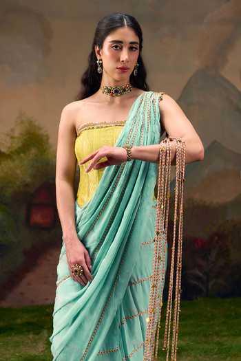 Buy_Muskann Kapadiaa_Blue Chiffon, Brocade Bandeau Neck Sindhu Pre-draped Saree And Corset Set _Online_at_Aza_Fashions