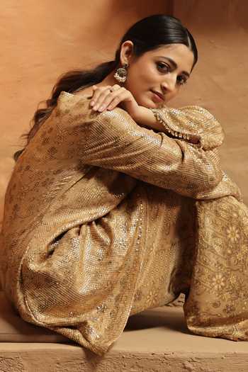 Buy Surkh Syahi Gold Crepe Sequins Round Neck Work Kurta And Palazzo Set Online at Aza Fashions Buy_Surkh Syahi_Gold Crepe Sequins Round Neck Work Kurta And Palazzo Set _Online_at_Aza_Fashions