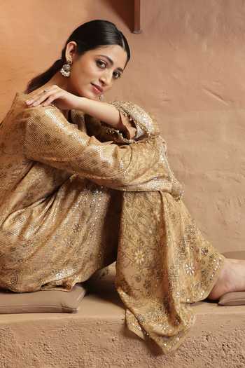 Shop Surkh Syahi Gold Crepe Sequins Round Neck Work Kurta And Palazzo Set Online at Aza Fashions Shop_Surkh Syahi_Gold Crepe Sequins Round Neck Work Kurta And Palazzo Set _Online_at_Aza_Fashions