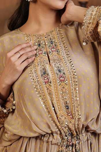 Surkh Syahi Gold Crepe Round Neck Ornamental Detailed Kaftan Online at Aza Fashions Surkh Syahi_Gold Crepe Round Neck Ornamental Detailed Kaftan _Online_at_Aza_Fashions