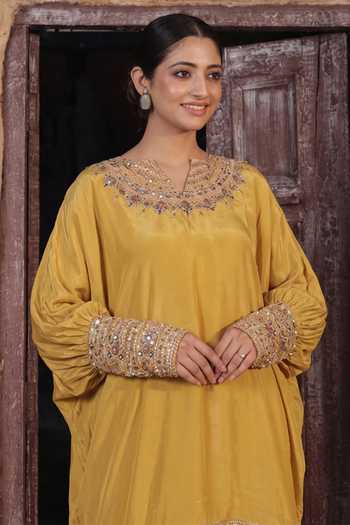 Surkh Syahi Embroidered Kaftan & Dhoti Pant Set