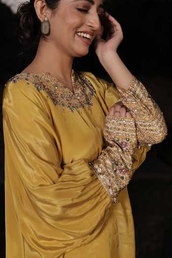 Shop_Surkh Syahi_Yellow Crepe Sequins, Beads, Mirrors Notched Embroidered Kaftan And Dhoti Pant Set _Online_at_Aza_Fashions